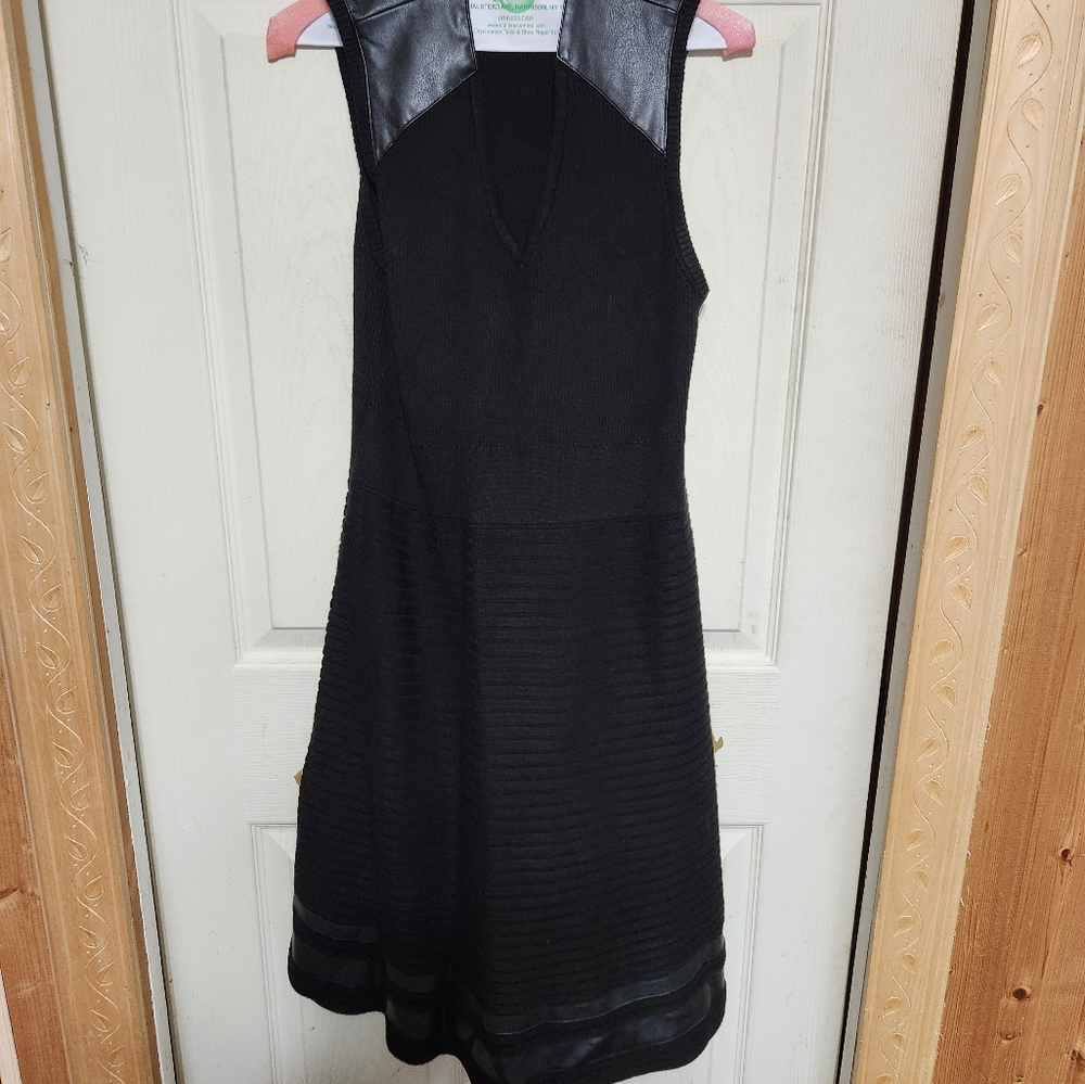 Calvin Klein Black Midi Dress with Leather Accents - Picture 3 of 11